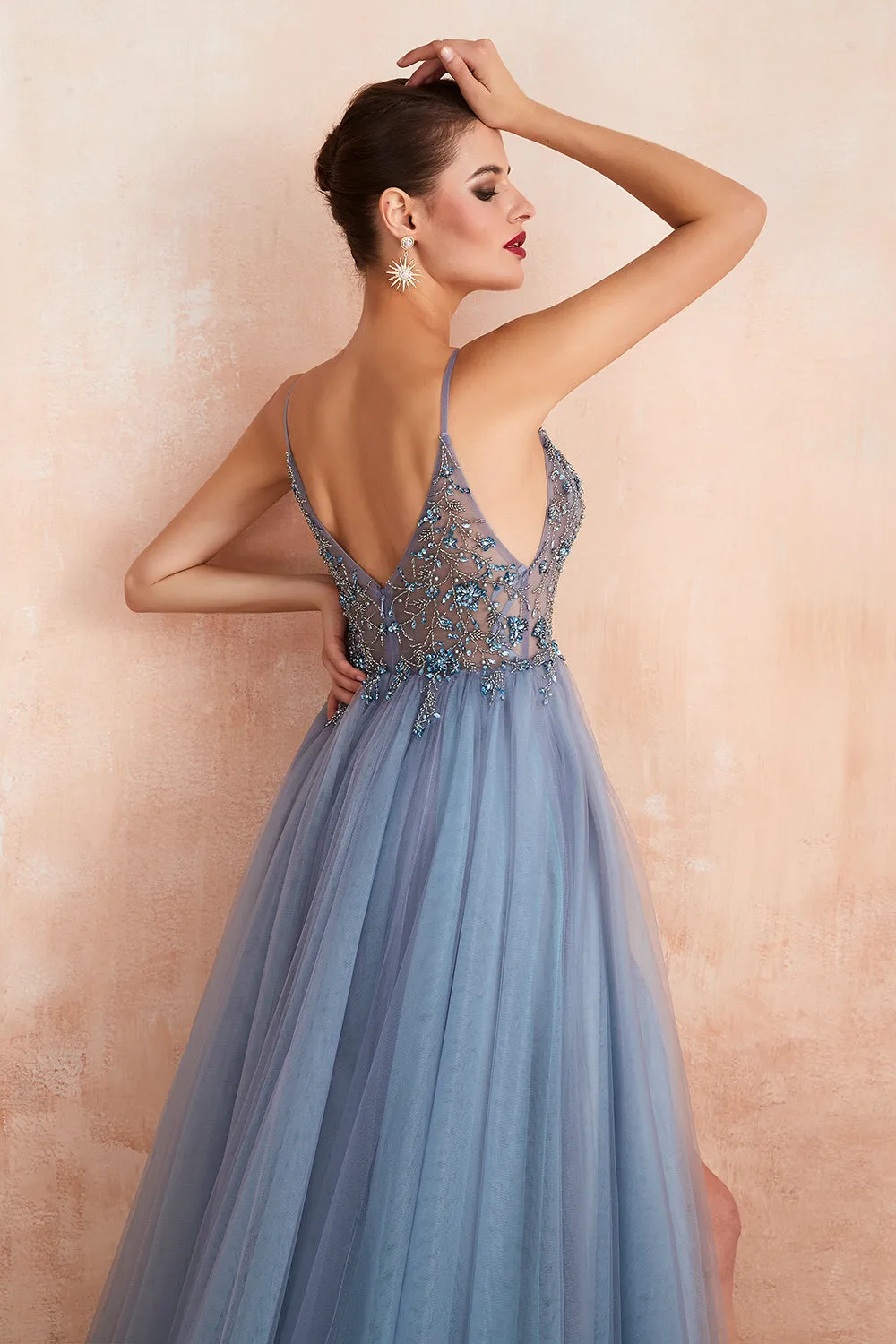 Best Long A-line V-neck Sleeveless Tulle Prom Dress with Slit