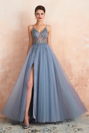 Best Long A-line V-neck Sleeveless Tulle Prom Dress with Slit