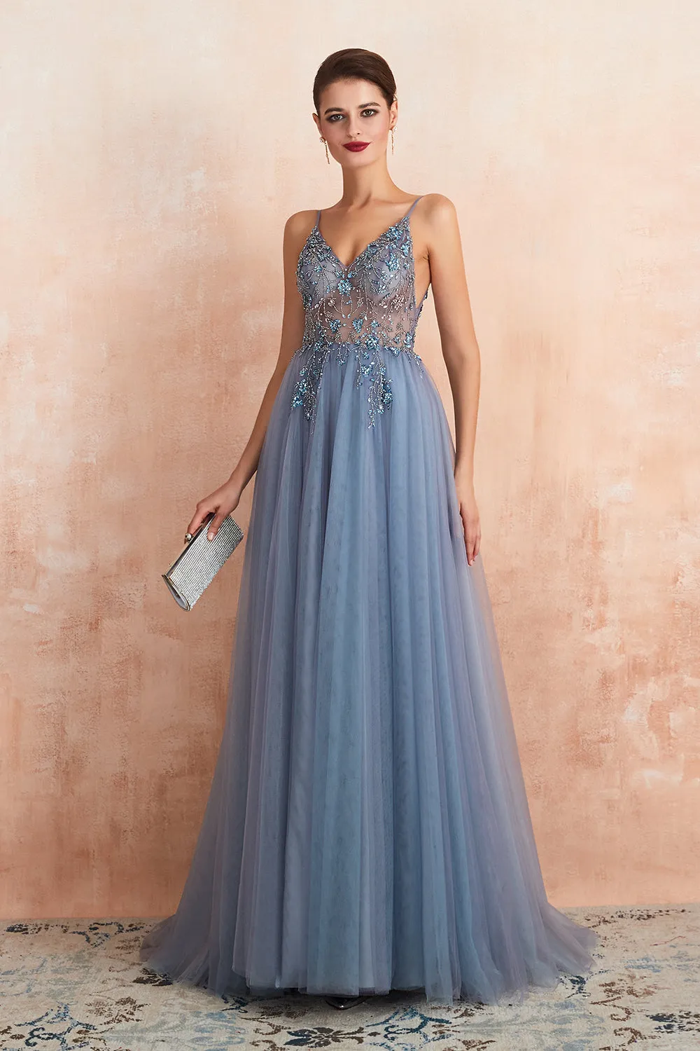 Best Long A-line V-neck Sleeveless Tulle Prom Dress with Slit