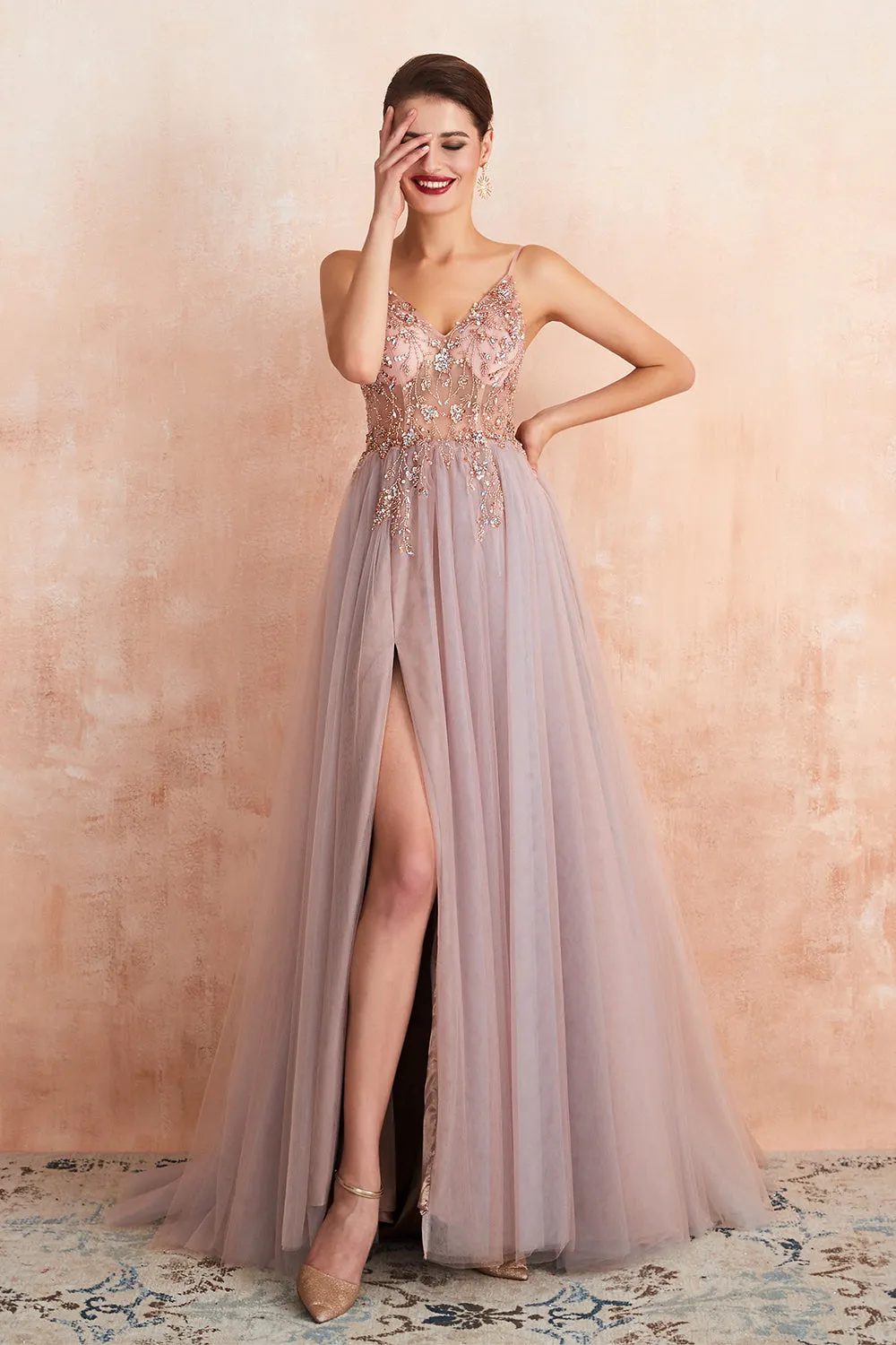 Best Long A-line V-neck Sleeveless Tulle Prom Dress with Slit