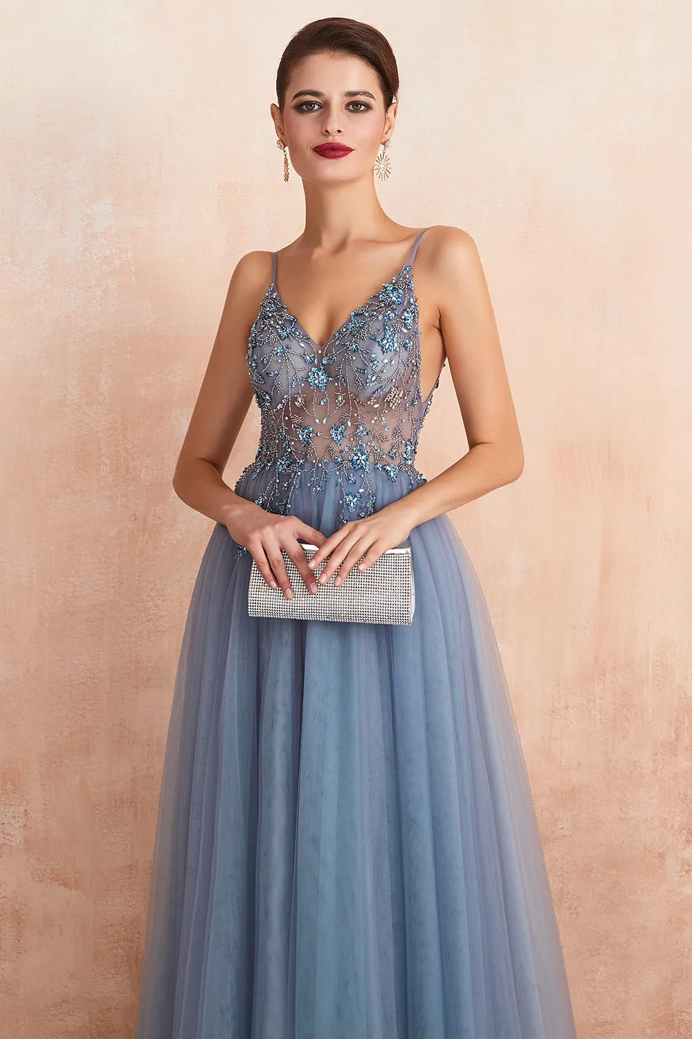 Best Long A-line V-neck Sleeveless Tulle Prom Dress with Slit