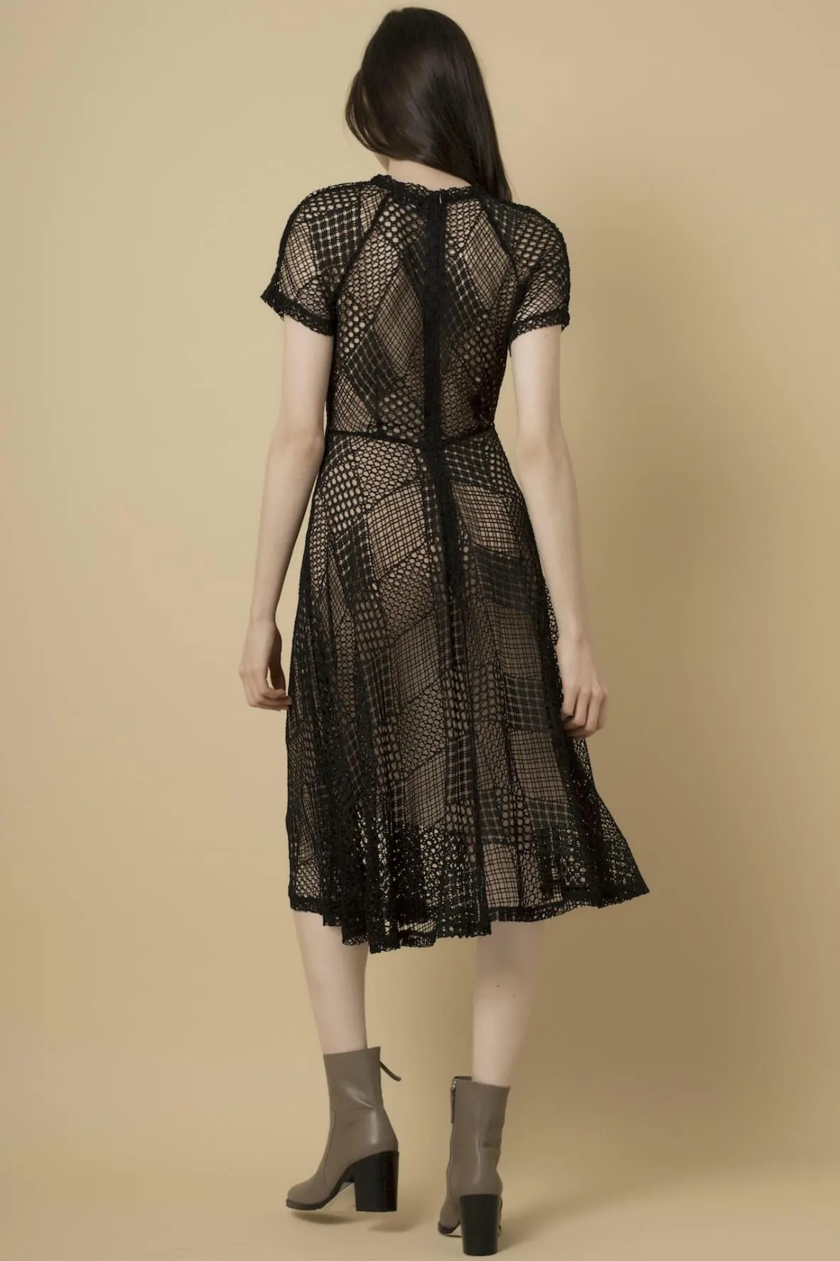 Black Diamond Shape Lace Midi Flair Dress with Separate Bias Cut Black Chiffon Slip Dress