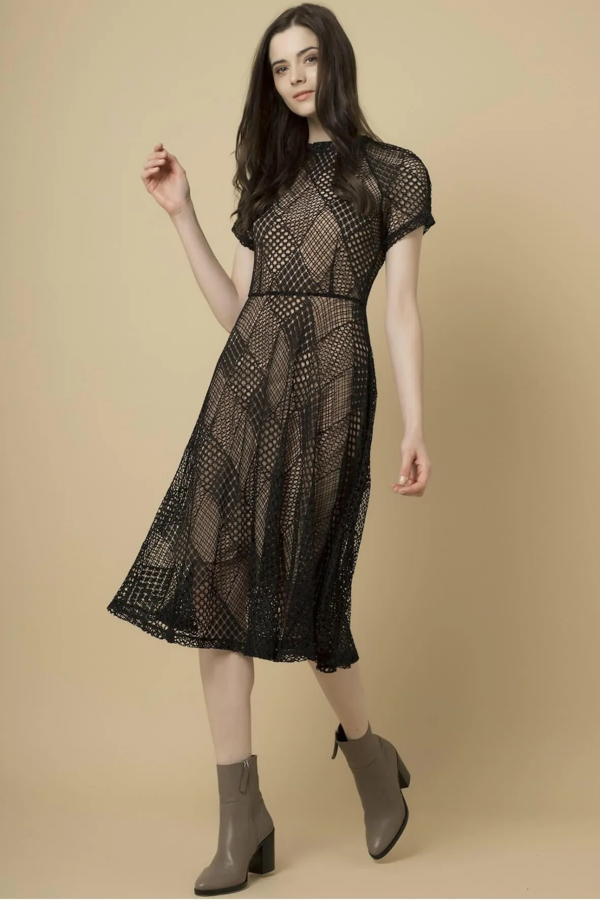 Black Diamond Shape Lace Midi Flair Dress with Separate Bias Cut Black Chiffon Slip Dress