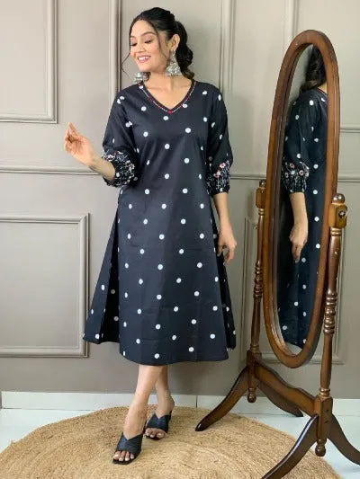 Black Embroidered Handloom Cotton Middi Dress 1PC