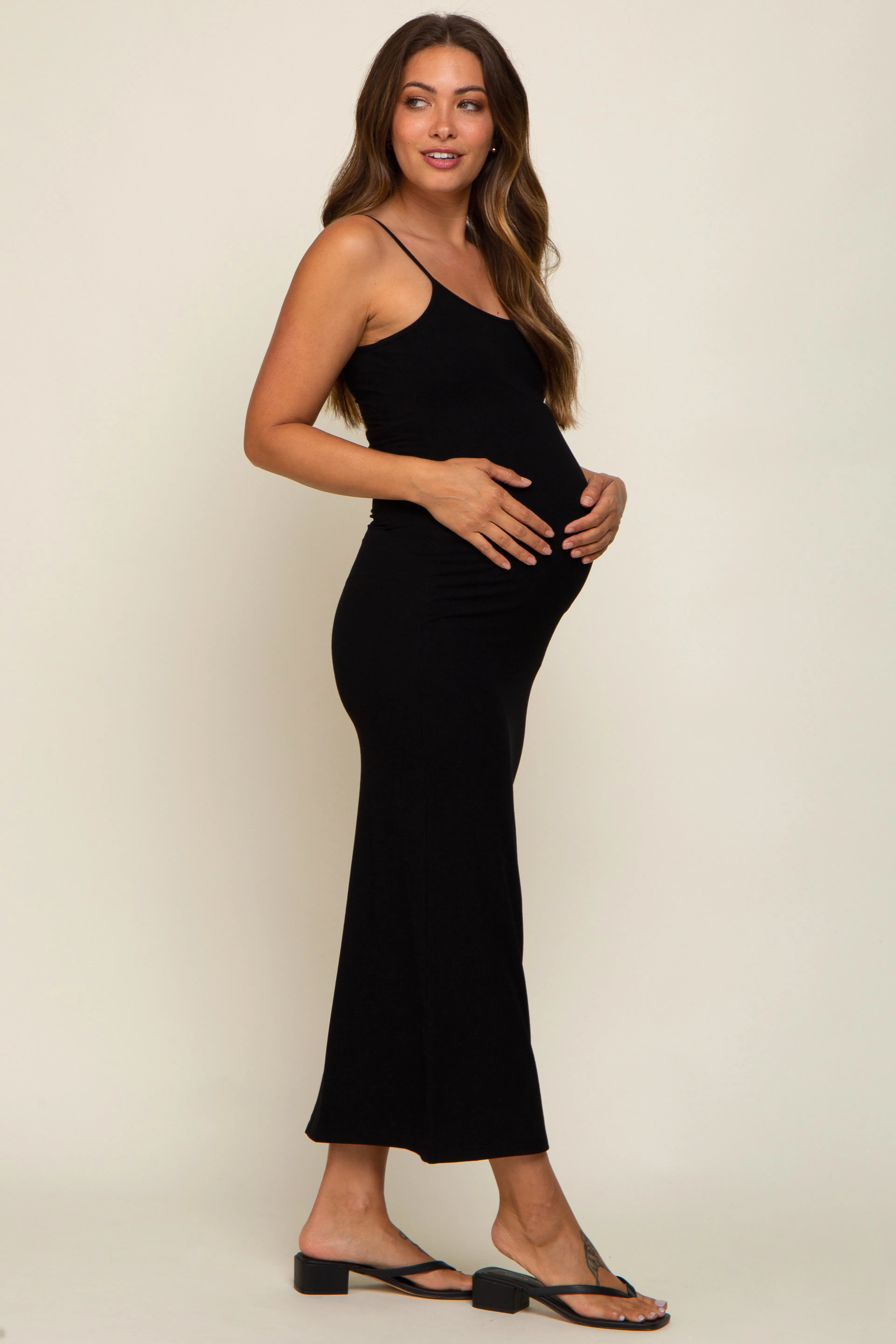 Black Ribbed Basic Maternity Midi Dress