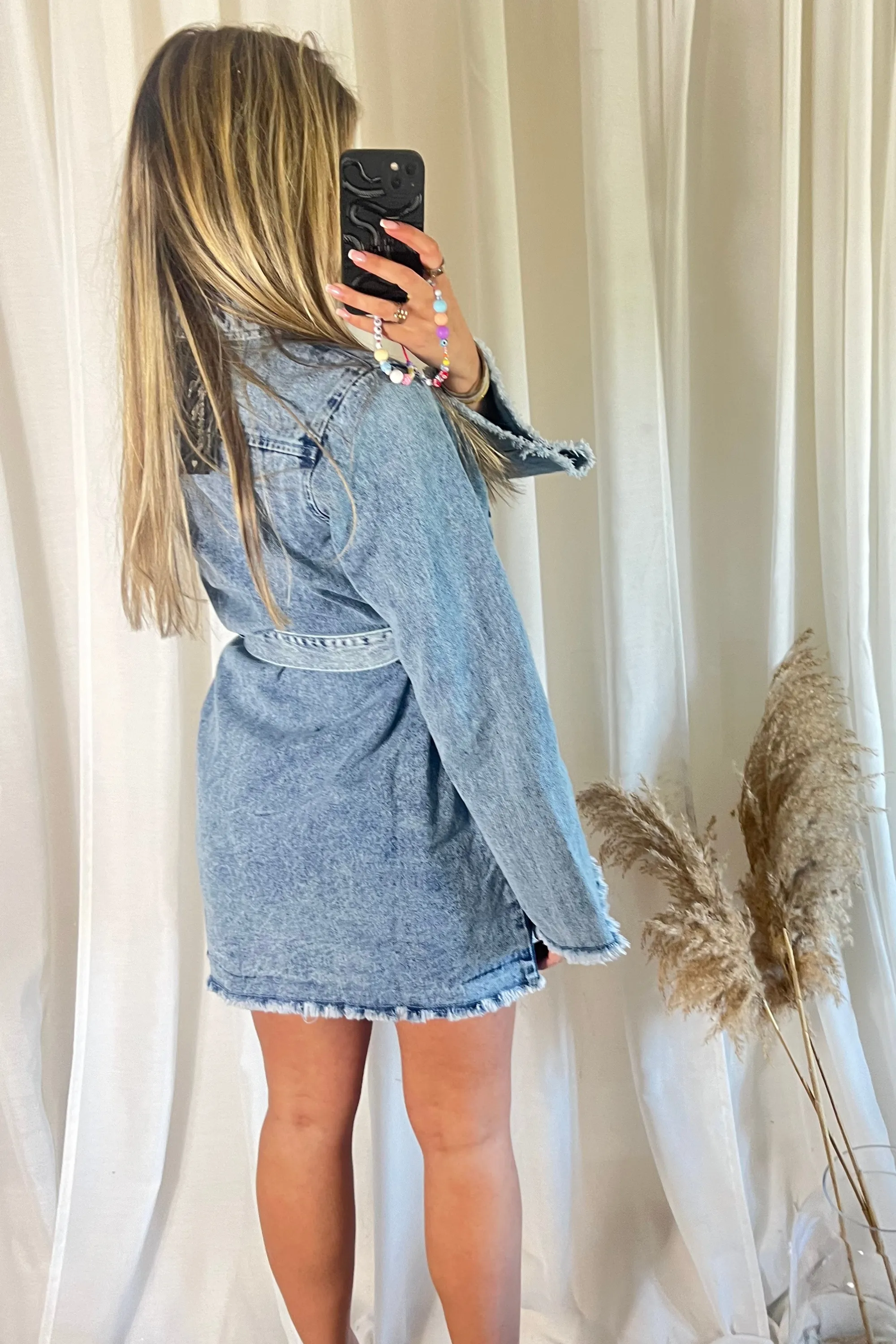 Blue Belted Denim Mini Dress With Pockets