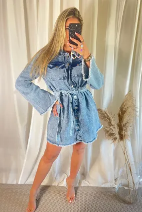 Blue Belted Denim Mini Dress With Pockets