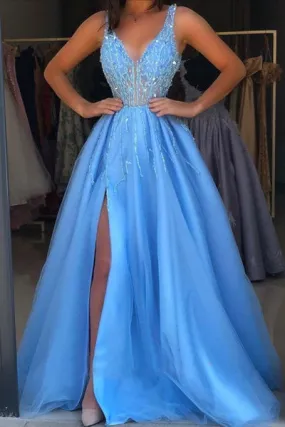 Blue Prom Dress with Slit, Evening Dress, Dance Dress, Graduation School Party Gown, PC0437