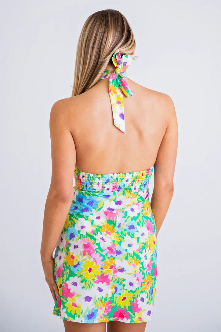 Bright Floral Halter Cross Front Dress