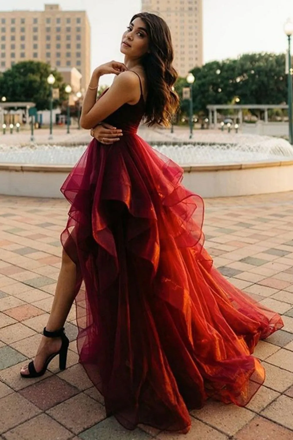 Burgundy High Low Long 2021 Prom Dresses, Fluffy Tulle Prom Dresses, Popular Evening Dresses