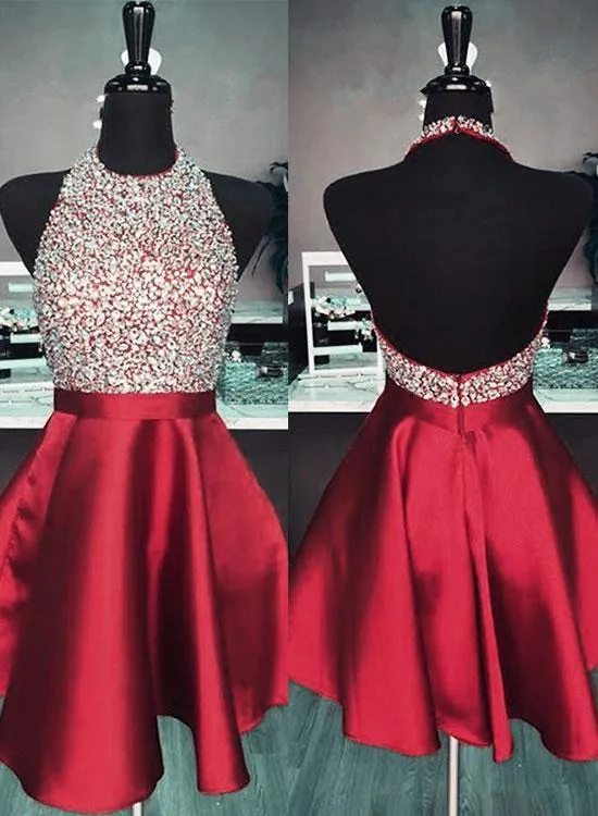 Burgundy Homecoming Dress Halter Neckline, Short Prom Dress, Dance Dress, Formal Dress, Graduation School Party Gown, PC0577