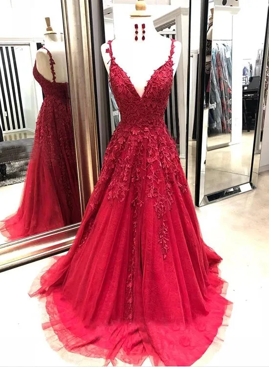 Burgundy Lace Prom Dress Long, Prom Dresses, Evening Dress, Dance Dress, Graduation School Party Gown, PC0419