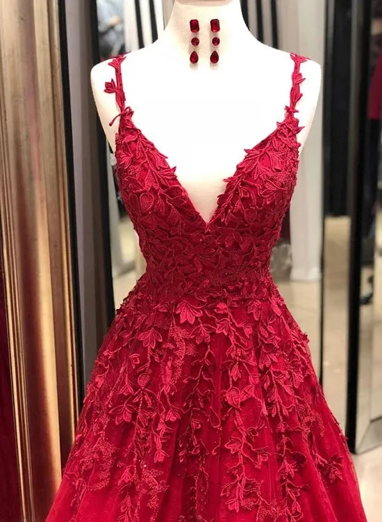 Burgundy Lace Prom Dress Long, Prom Dresses, Evening Dress, Dance Dress, Graduation School Party Gown, PC0419