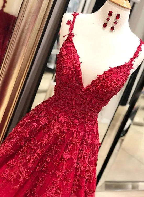 Burgundy Lace Prom Dress Long, Prom Dresses, Evening Dress, Dance Dress, Graduation School Party Gown, PC0419