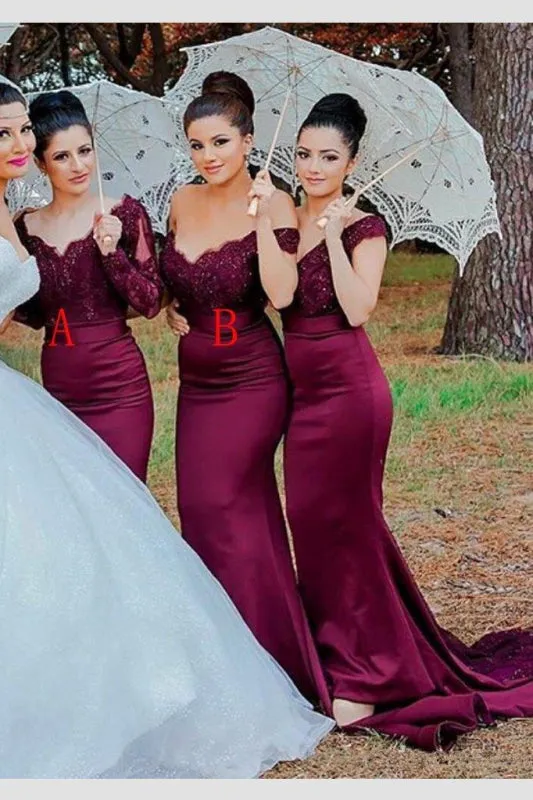 Burgundy Mermaid Long Sleeves Sweep Train Lace Bridesmaid Dress