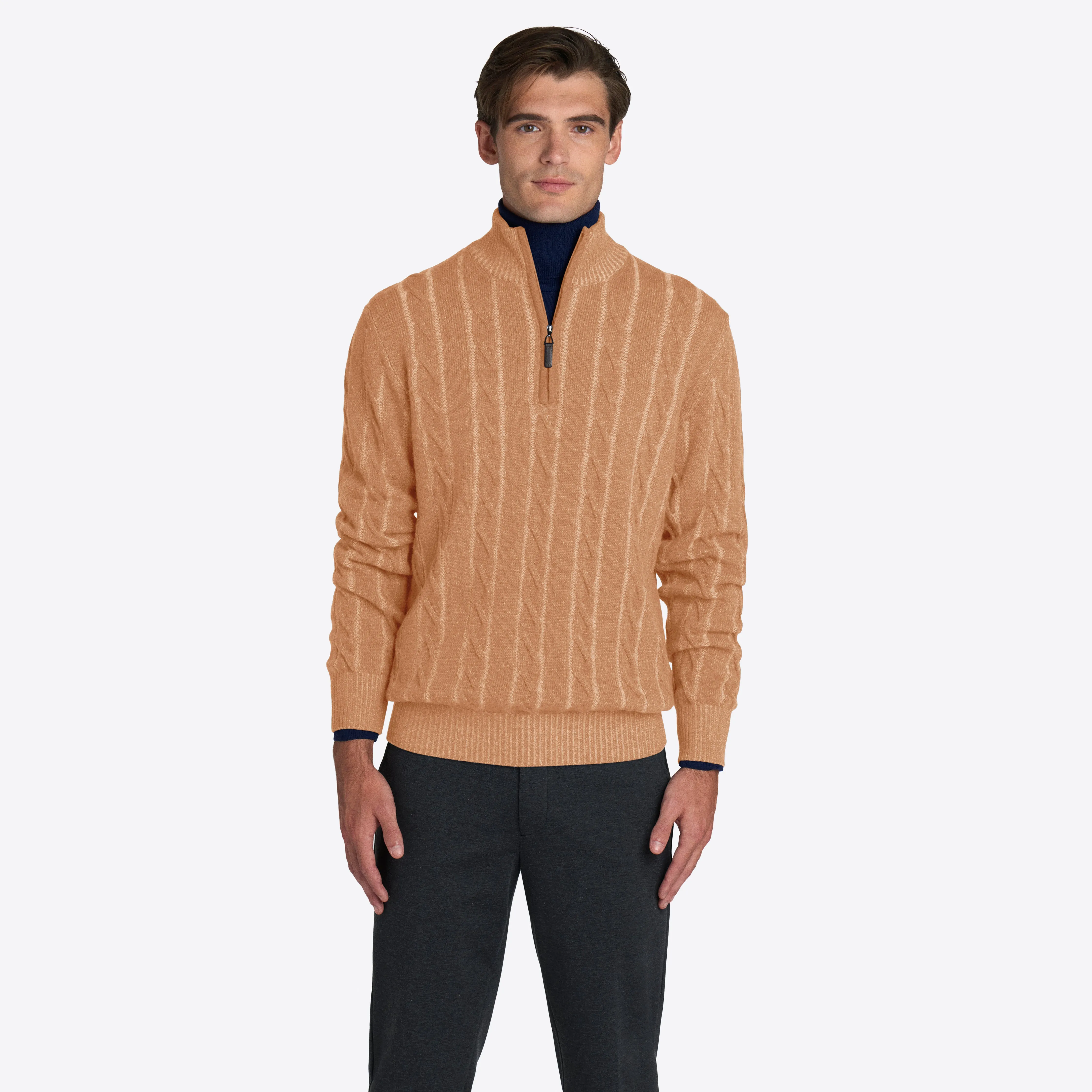 Cable Knit Quarter Zip Mock Neck Sweater