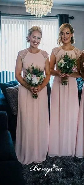 Cap Sleeves A-line Chiffon Blush Pink Long Bridesmaid Dresses