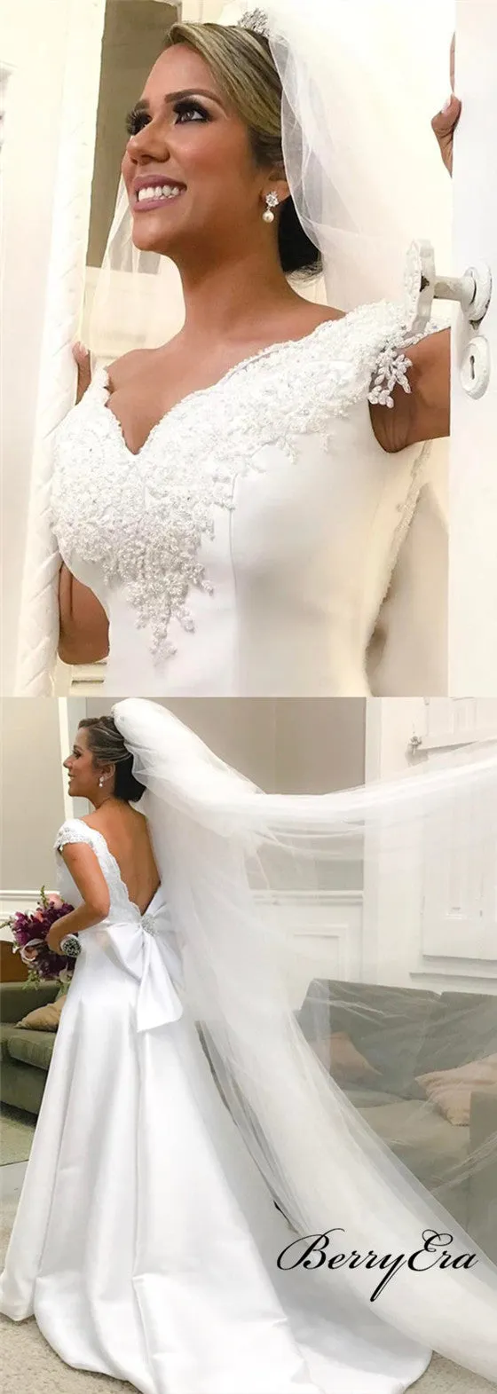 Cap Sleeves Long A-line Off White Satin Lace Wedding Dresses