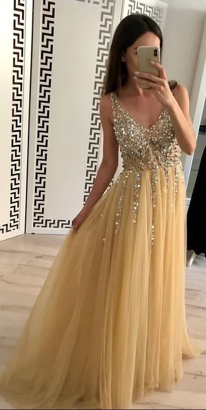 Champagne Gold Prom Dresses, Evening Dress, Pageant Dance Dresses, Graduation School Party Gown, PC0004