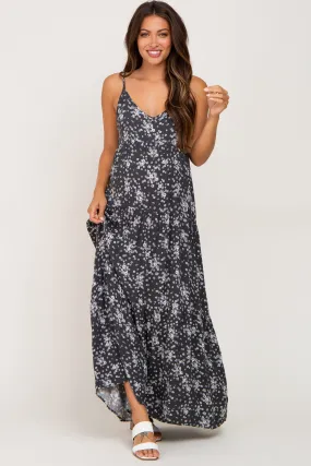 Charcoal Floral Sleeveless Tiered Maternity Maxi Dress