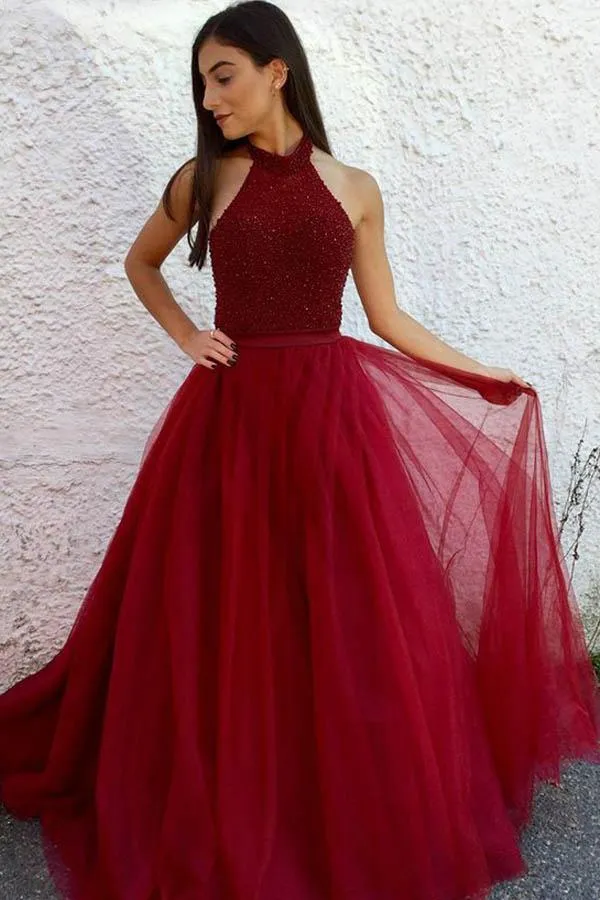 Chic Burgundy Prom Dress Cheap Tulle Prom Dress #ER026