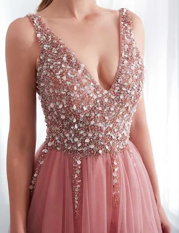 Chic V Neck Tulle Prom Dress Beading Beautiful Long Vintage Prom Dress #ER264