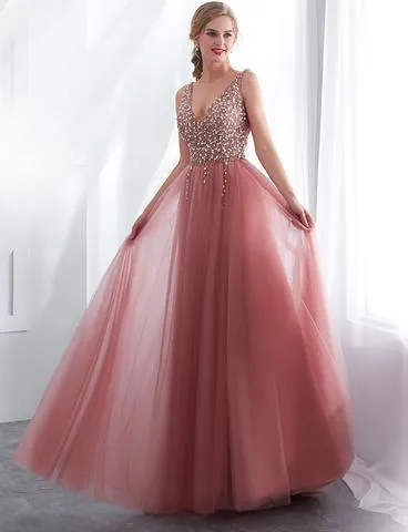 Chic V Neck Tulle Prom Dress Beading Beautiful Long Vintage Prom Dress #ER264