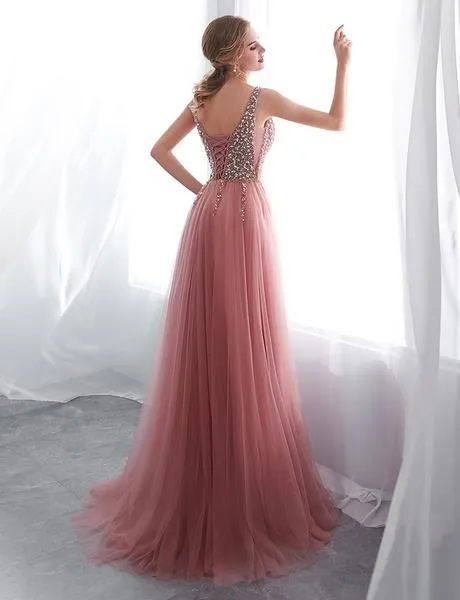 Chic V Neck Tulle Prom Dress Beading Beautiful Long Vintage Prom Dress #ER264