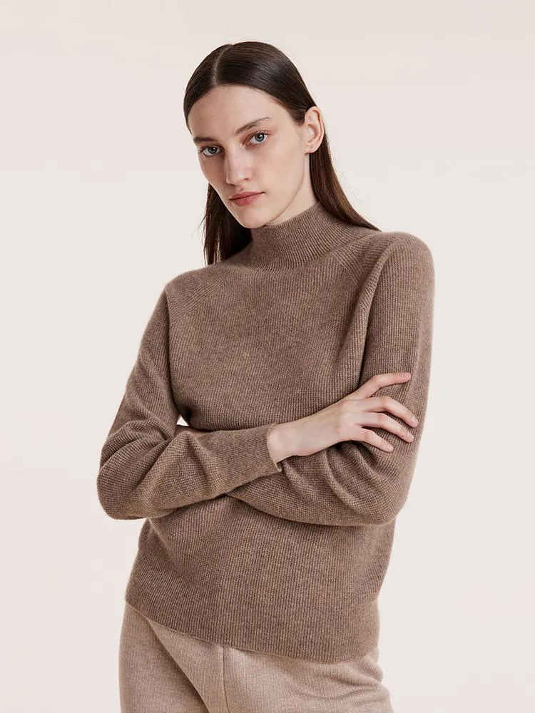 Coffee Seamless Mock Neck Cashmere Women Sweater