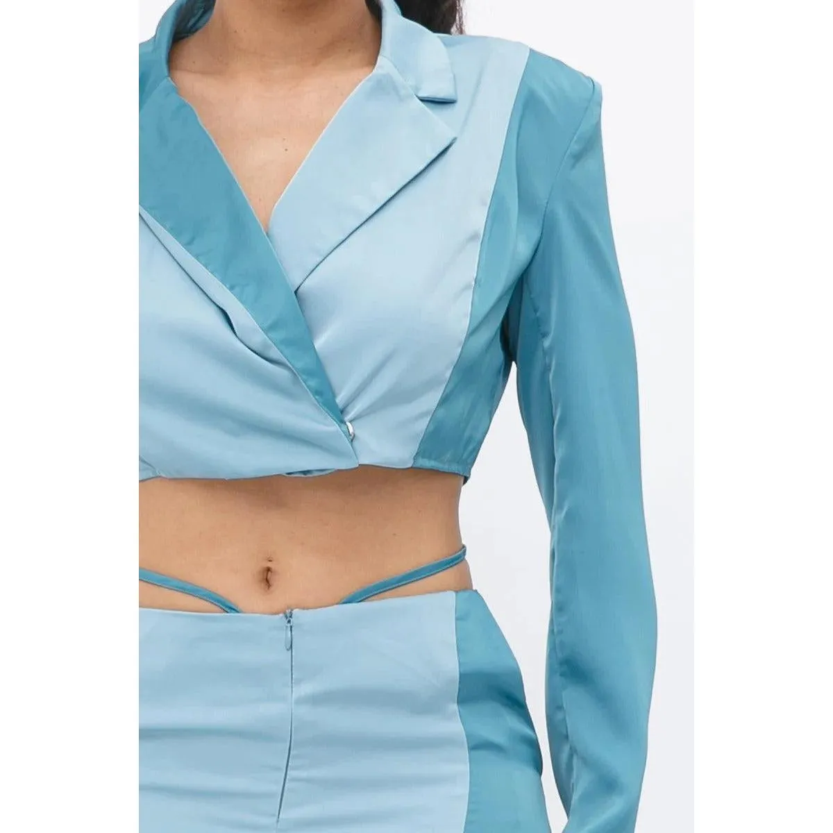 Colorblock Crop Blazer With Matching Low Rise Wide Leg Pant Set With Pockets