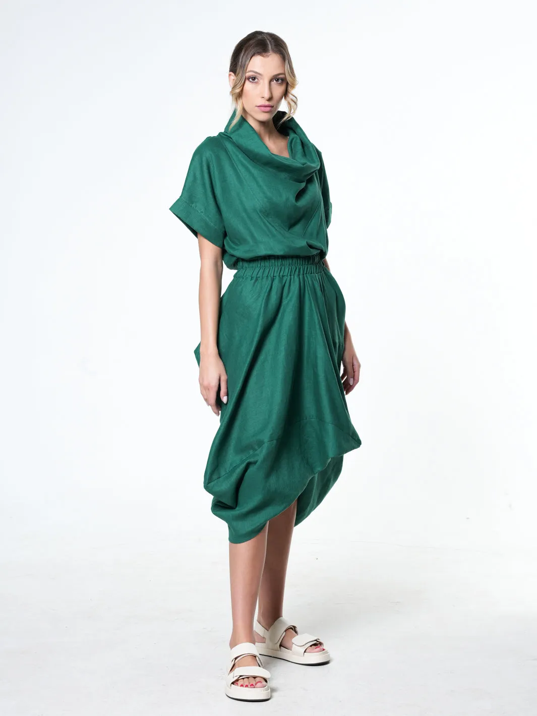 Cowl Neck Linen Dress In Green