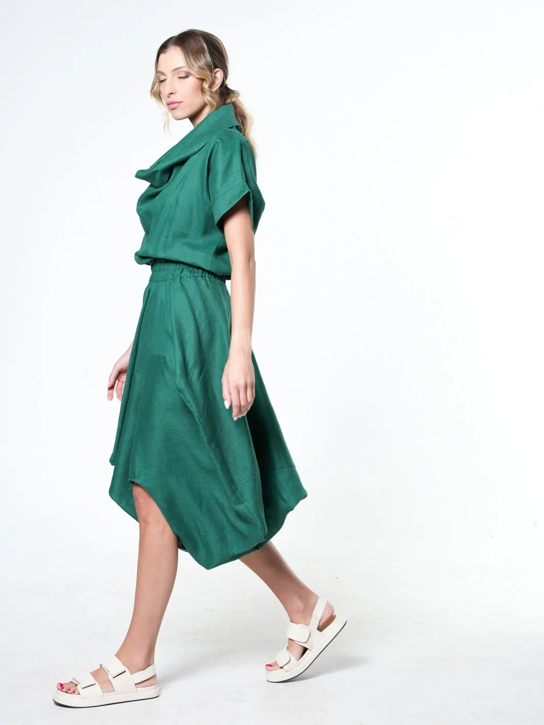 Cowl Neck Linen Dress In Green