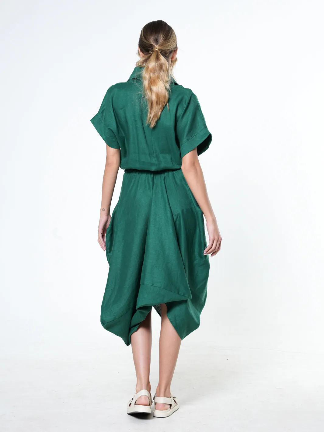 Cowl Neck Linen Dress In Green