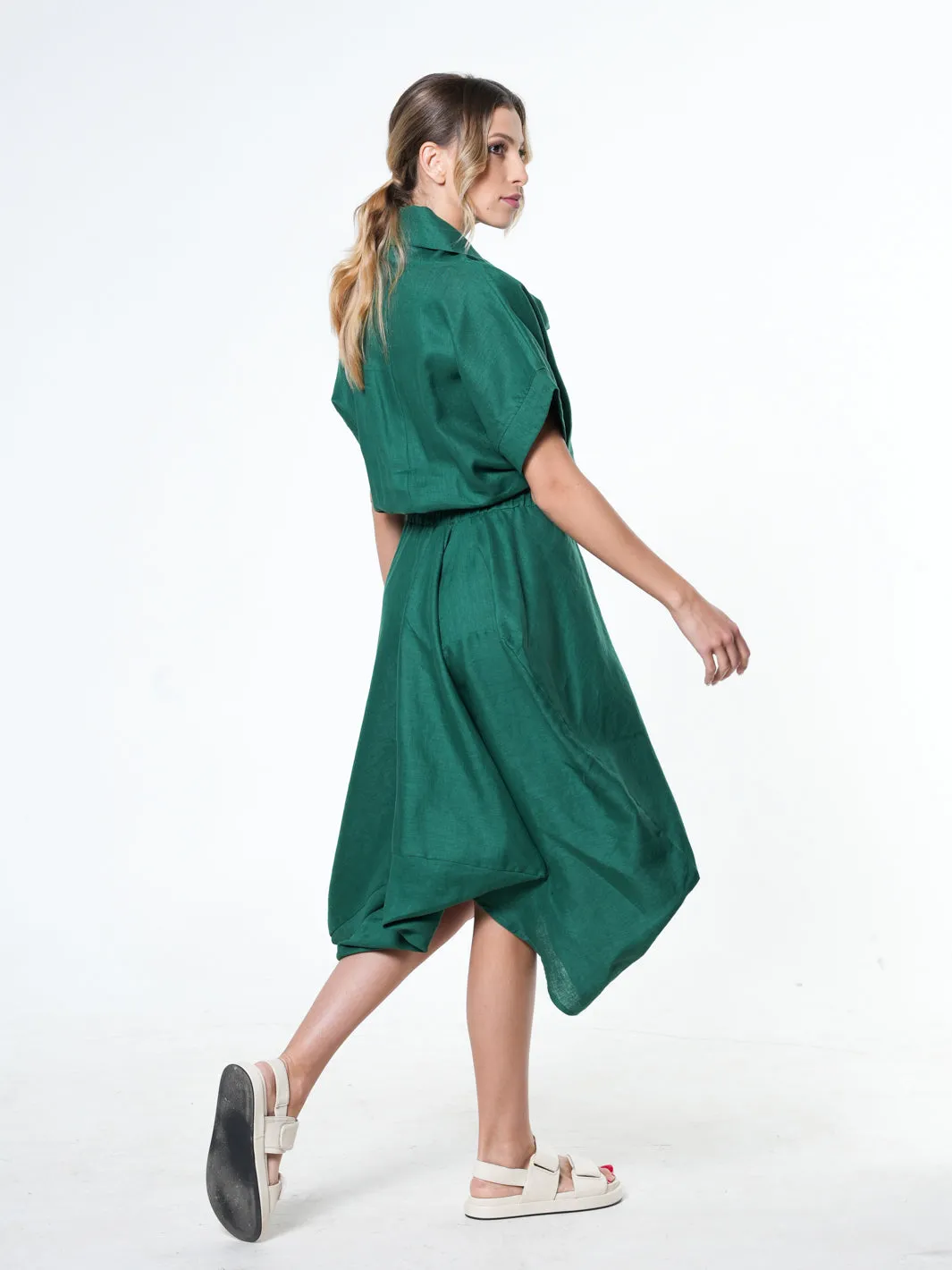 Cowl Neck Linen Dress In Green