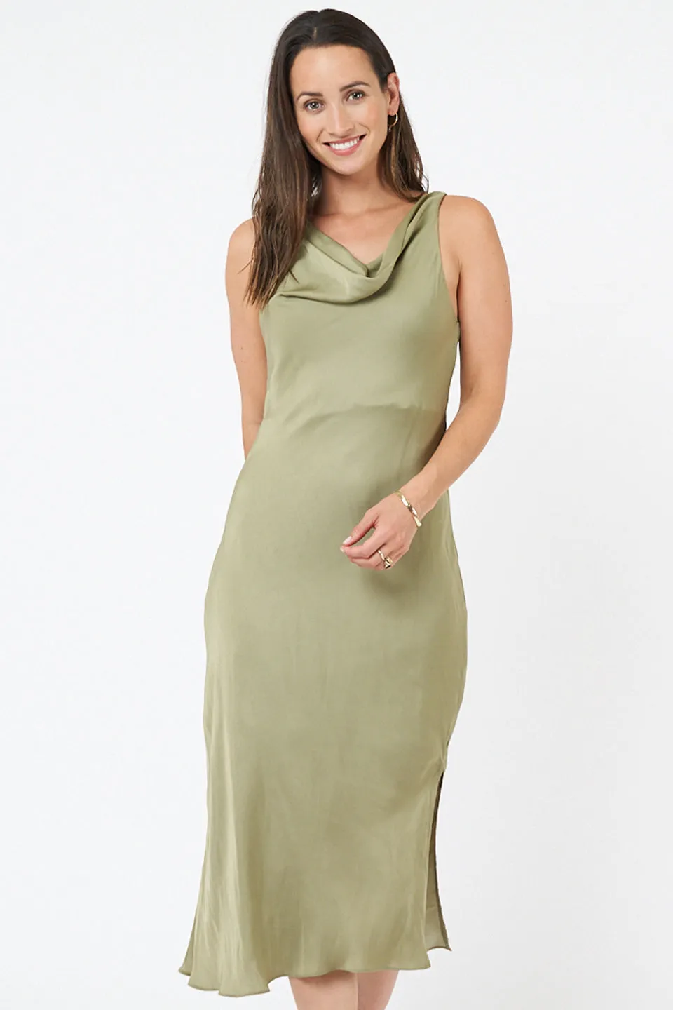 Cowl Neck Satin Khaki Midi Slip Dress