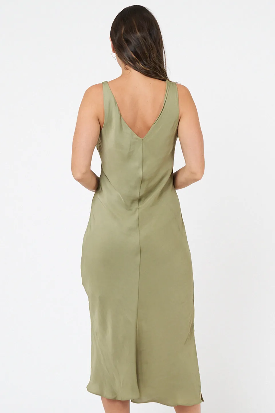 Cowl Neck Satin Khaki Midi Slip Dress