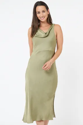 Cowl Neck Satin Khaki Midi Slip Dress