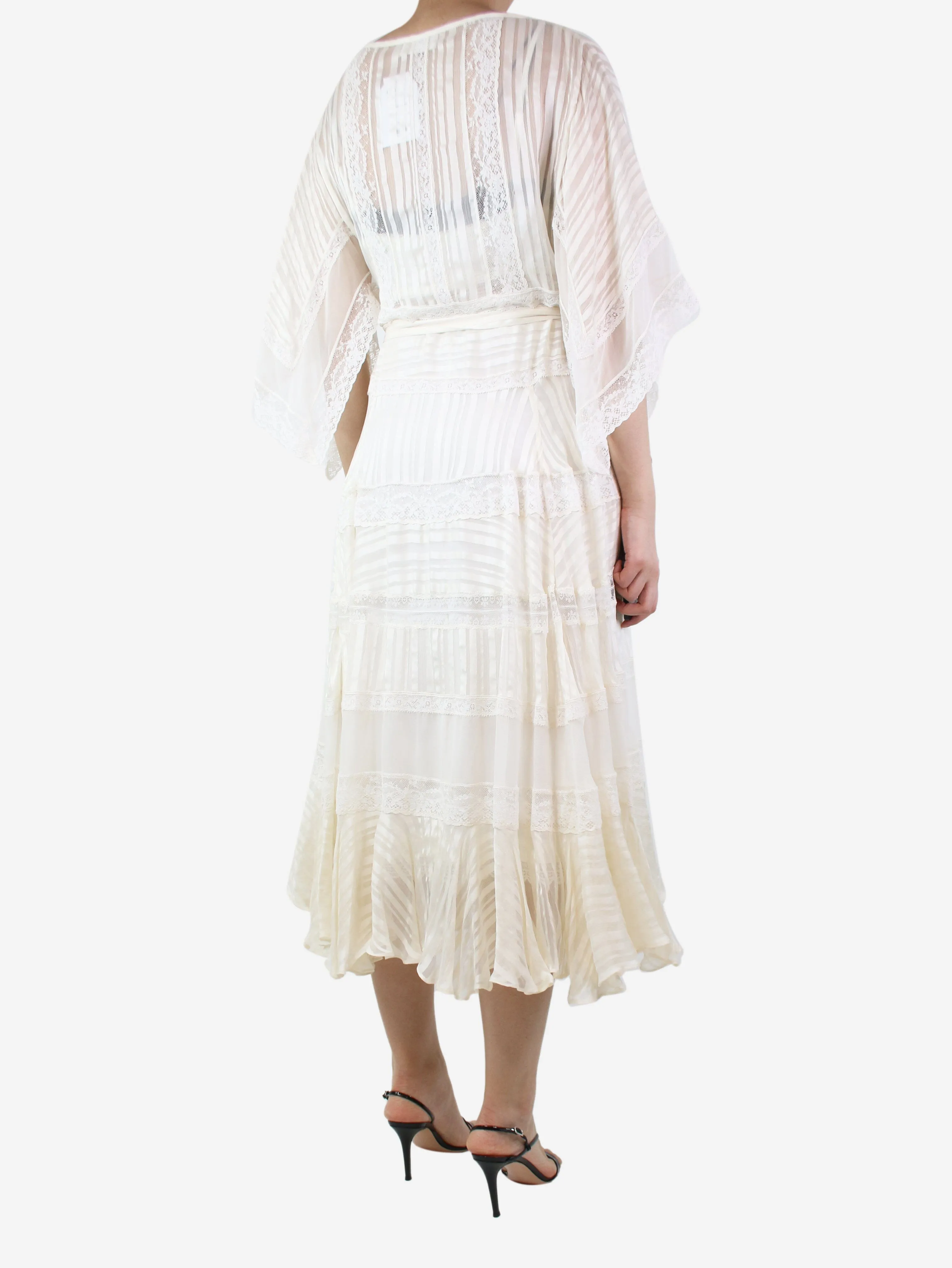 Cream lace trimmed midi dress - size UK 10