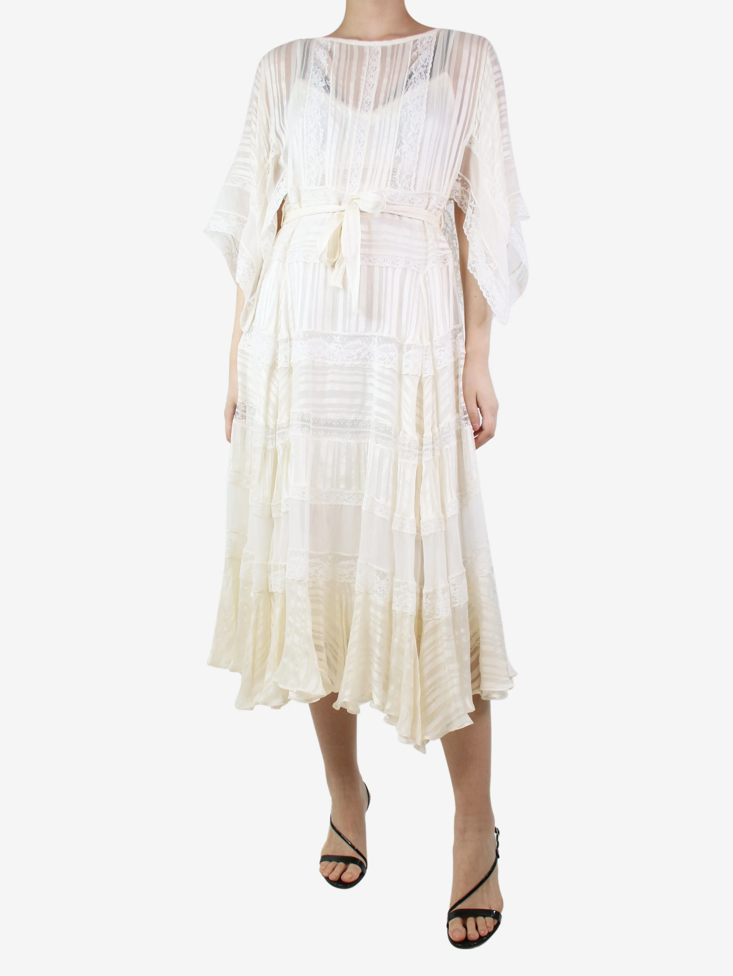 Cream lace trimmed midi dress - size UK 10