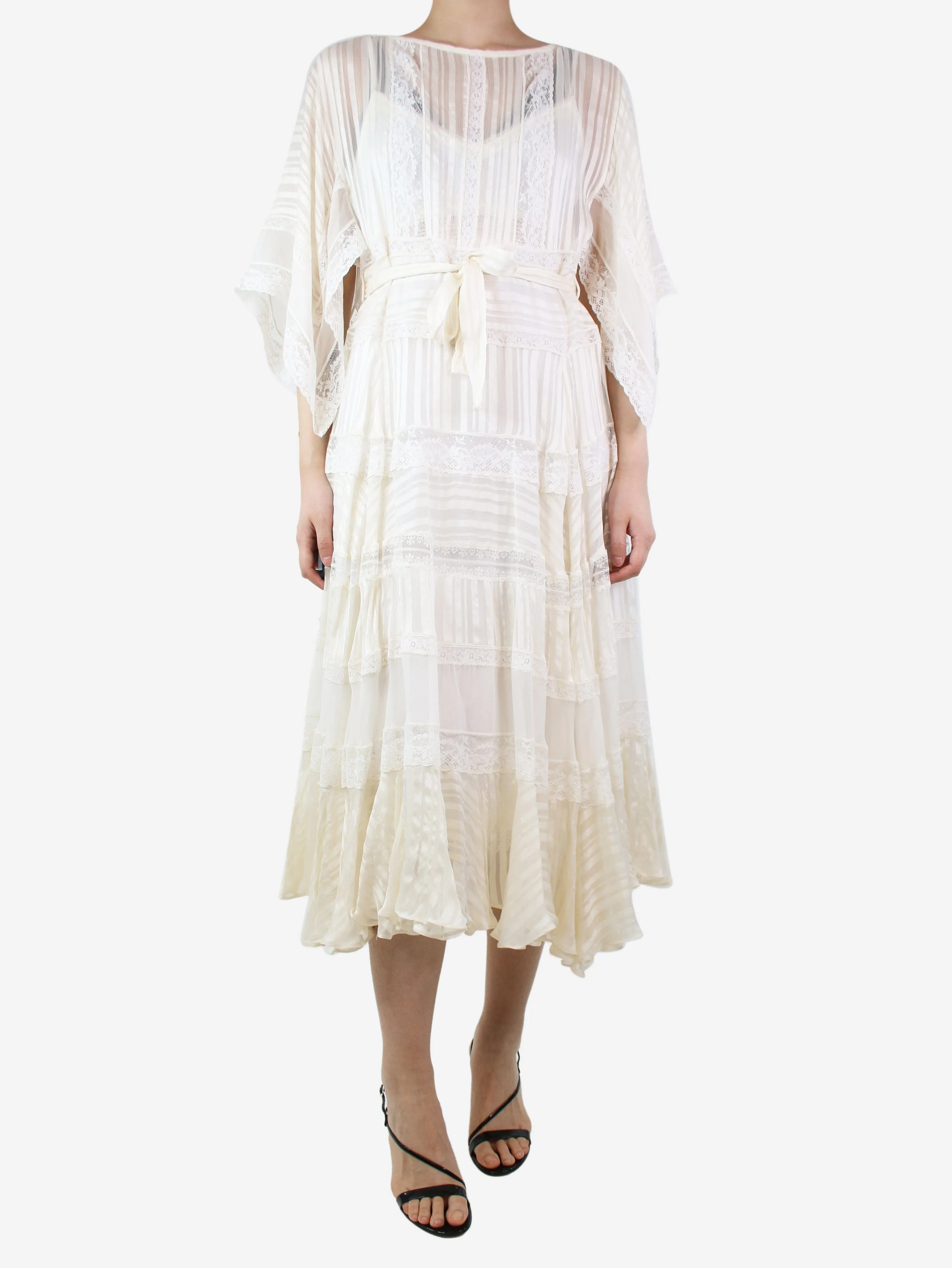 Cream lace trimmed midi dress - size UK 10