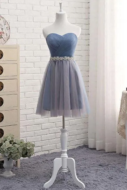 Cute A Line Sweetheart Tulle Blue Strapless Beads Prom Dress Bridesmaid Dresses