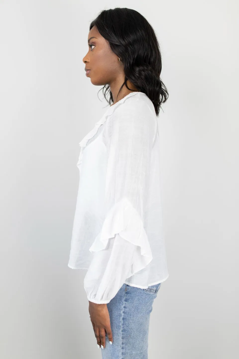 Day Dream Ivory Textured Frill Neck LS Top