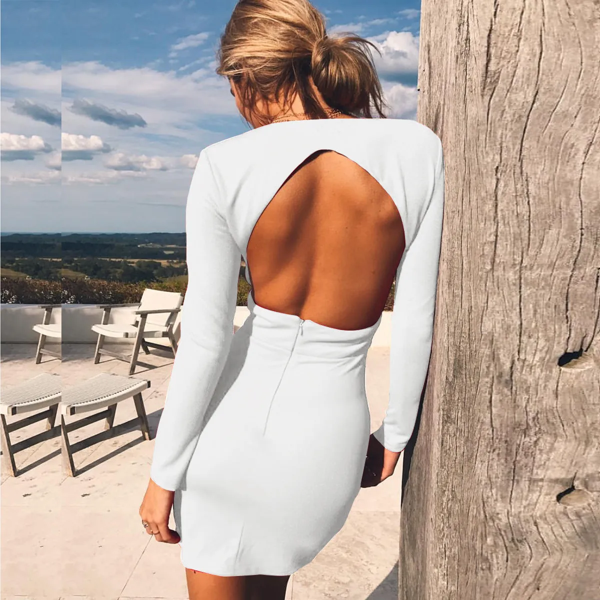 Deep V Neck Open Back Bodycon Dress