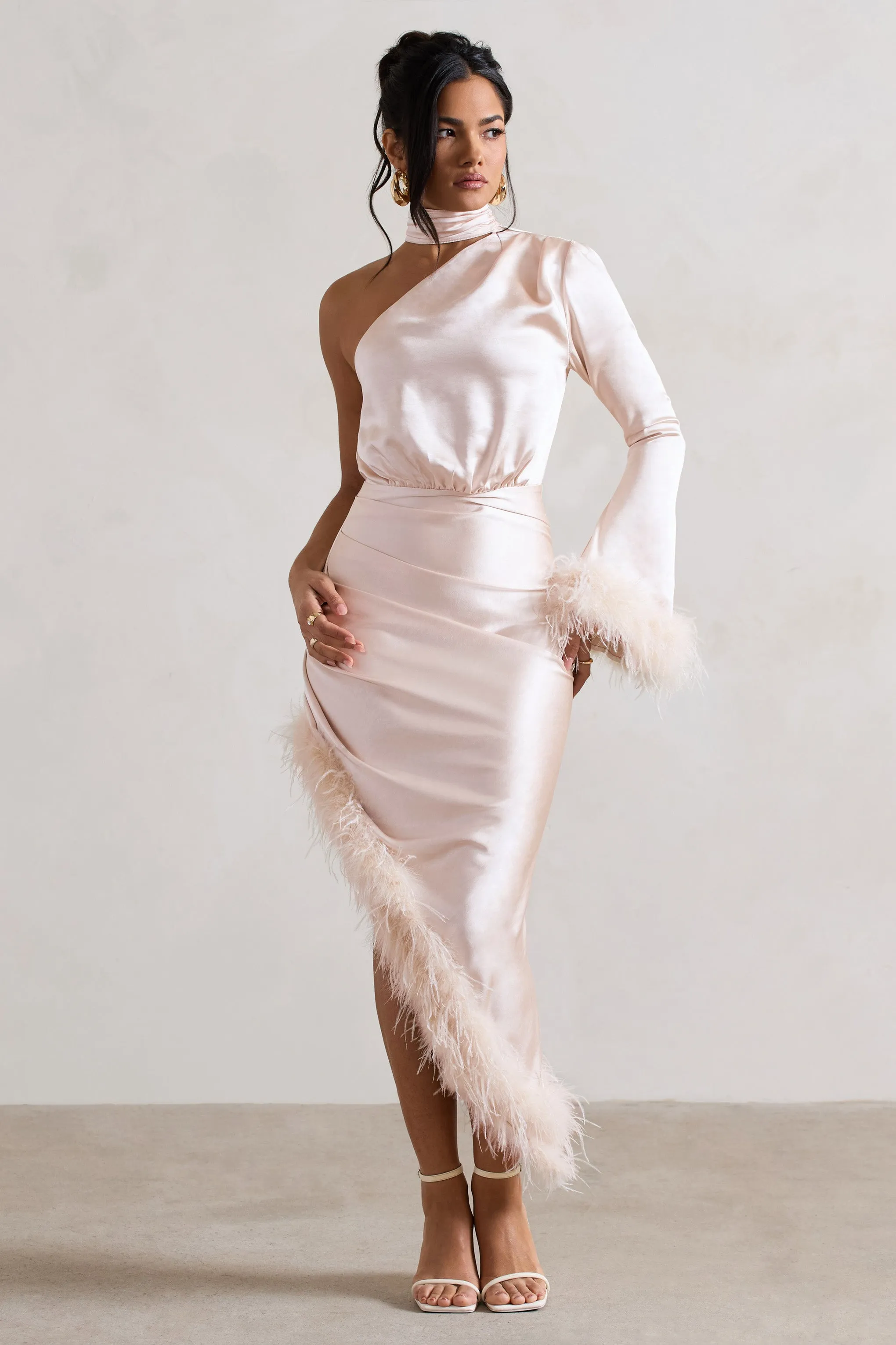 Dolce | Champagne Satin Asymmetric One Sleeve Maxi Dress With Feather Trims