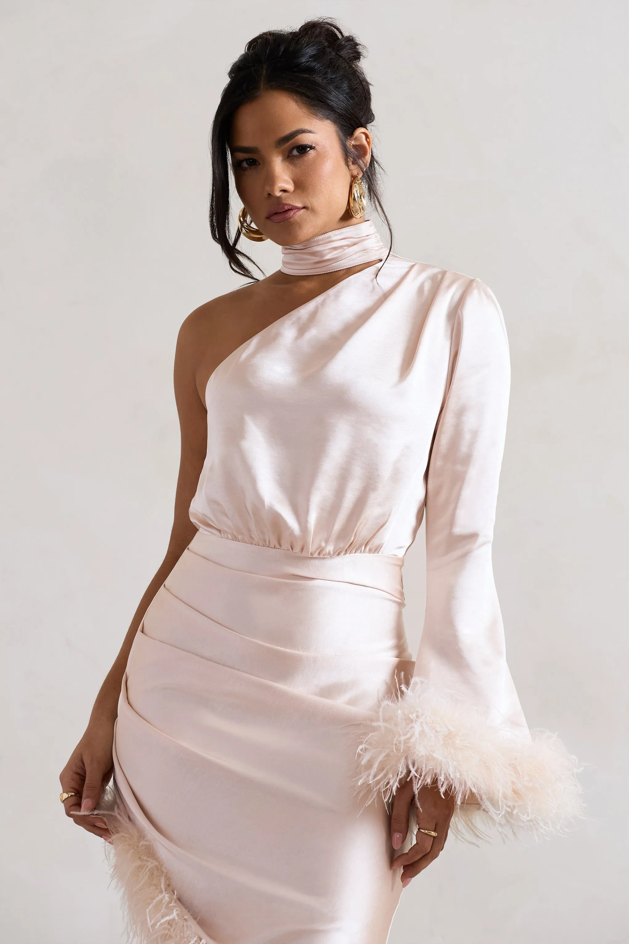 Dolce | Champagne Satin Asymmetric One Sleeve Maxi Dress With Feather Trims