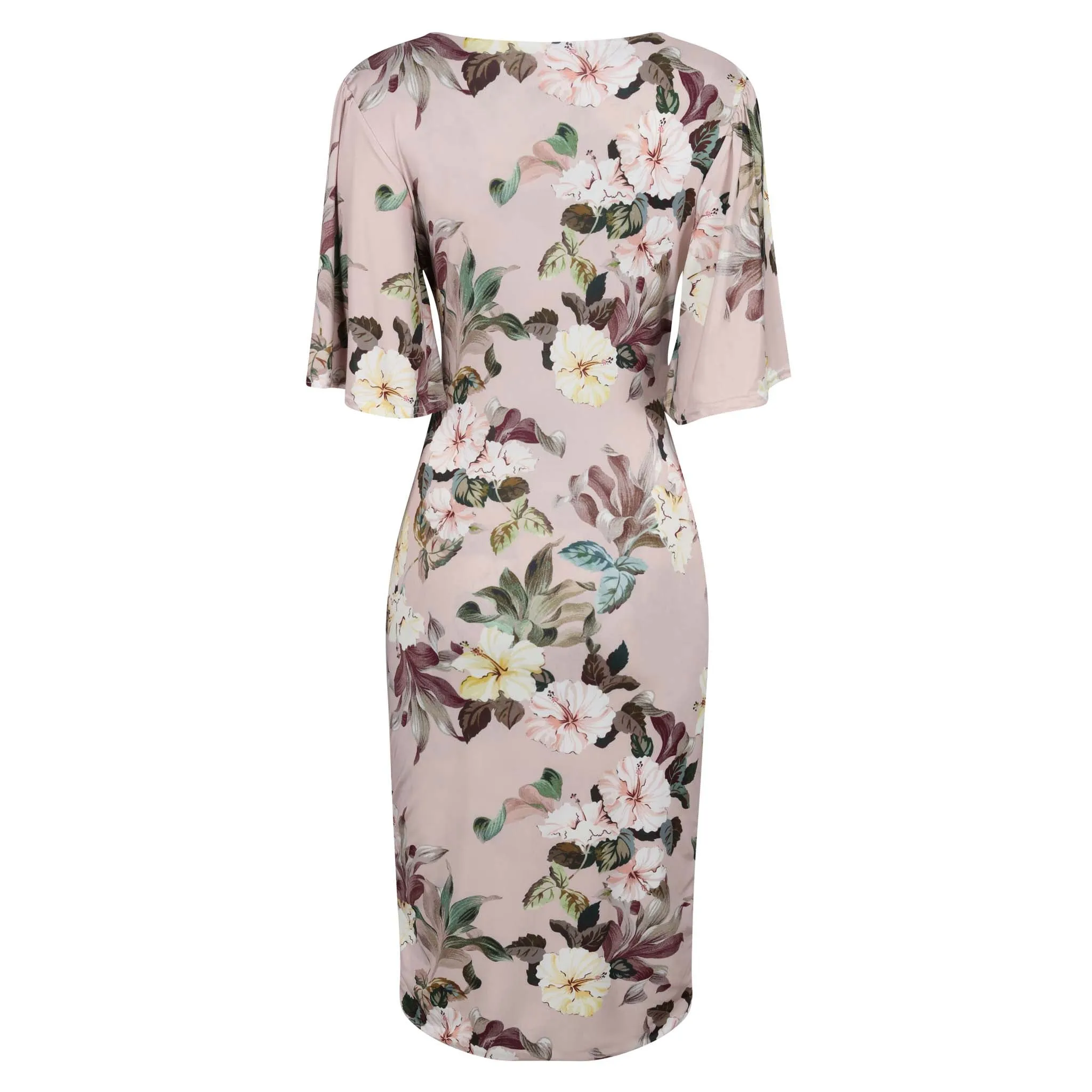 Dusky Pink Floral Print Butterfly Sleeve Slinky Pencil Cocktail Dress