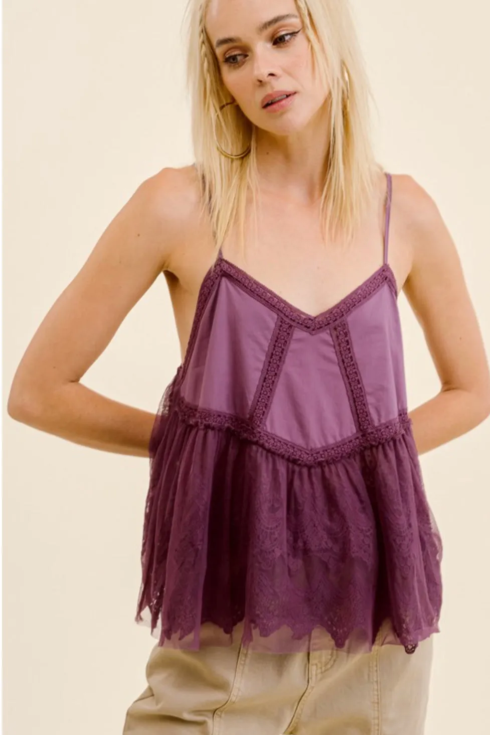 Dusty Lavender Sweetheart Neck Flutter Hem Camisole Top