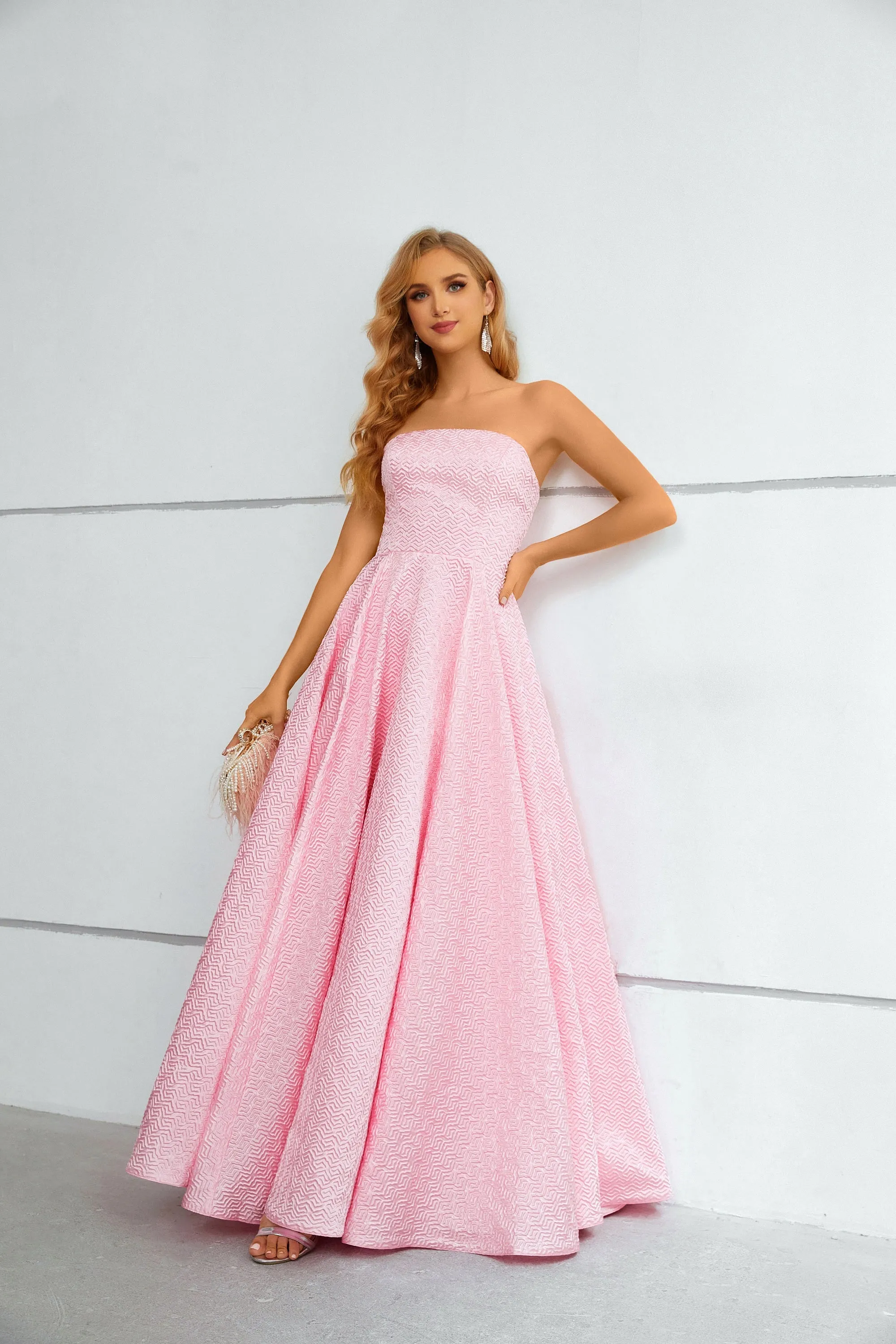 Elegant Pink Strapless A-Line Lace Up Prom Dresses