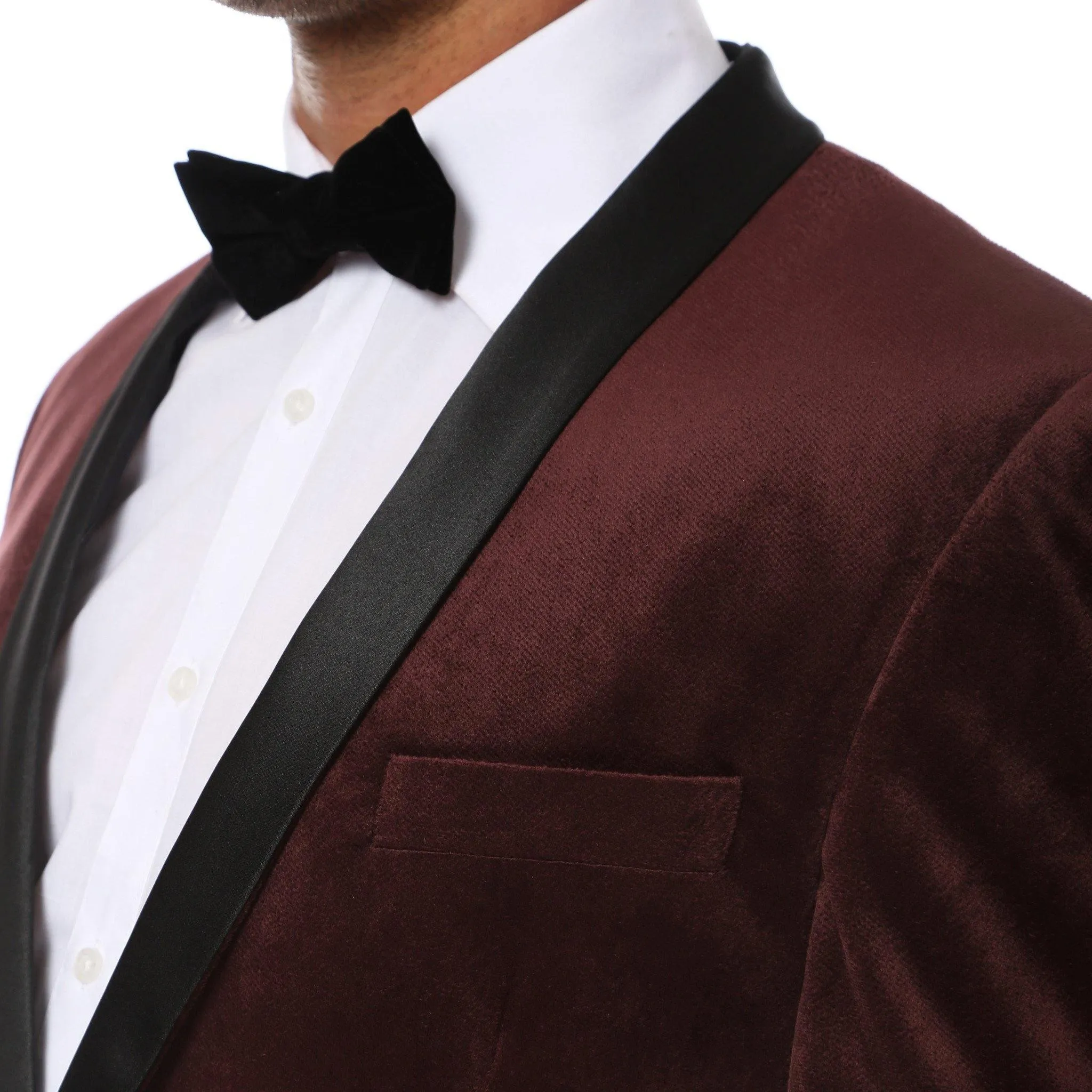 Enzo Collection-Dark Burgundy Slim Fit Velvet Shawl Collar Tuxedo Blazer