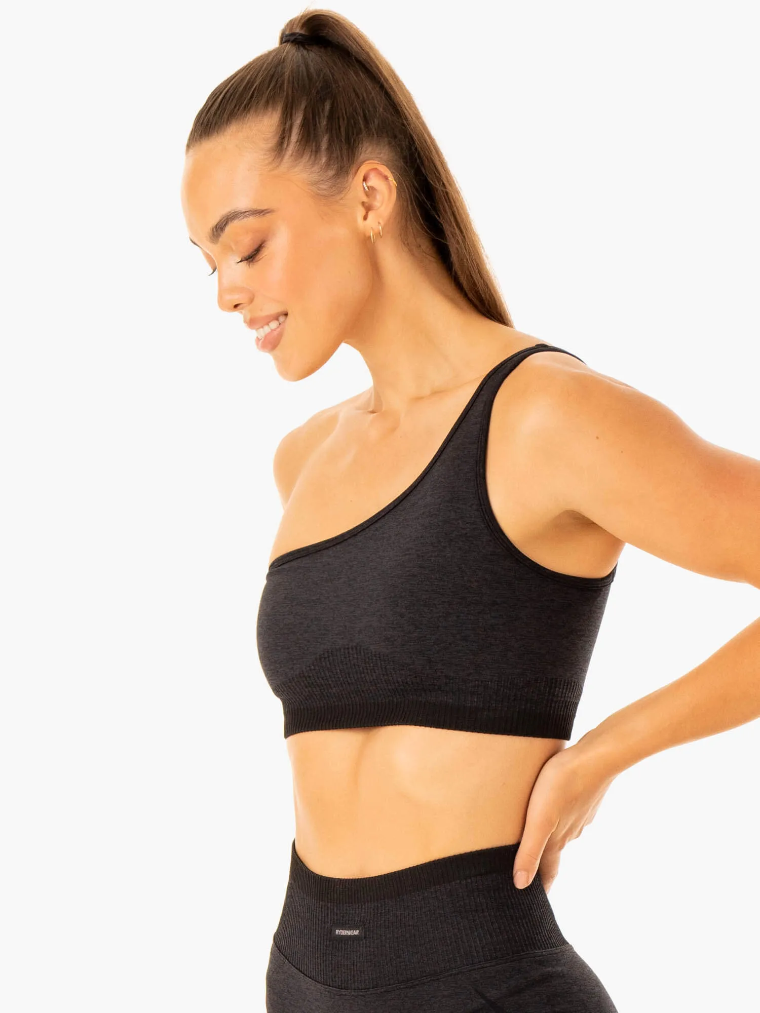 Excel Seamless One Shoulder Sports Bra - Black Marl